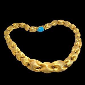 BRANIA Gold Tone Graduated Blue Cab Mid Century Designer Choker Necklace Vintage